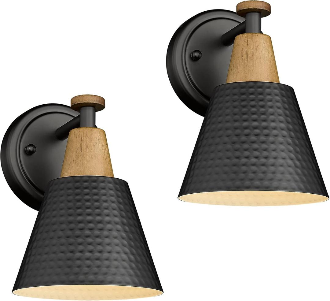 Wall Sconces Set of 2, 1-Light Matte Black Bathroom Light Fixtures, Modern Single Vanity Light Wall Lamp with Hammered Metal Shade, 4FG59B-2 BK