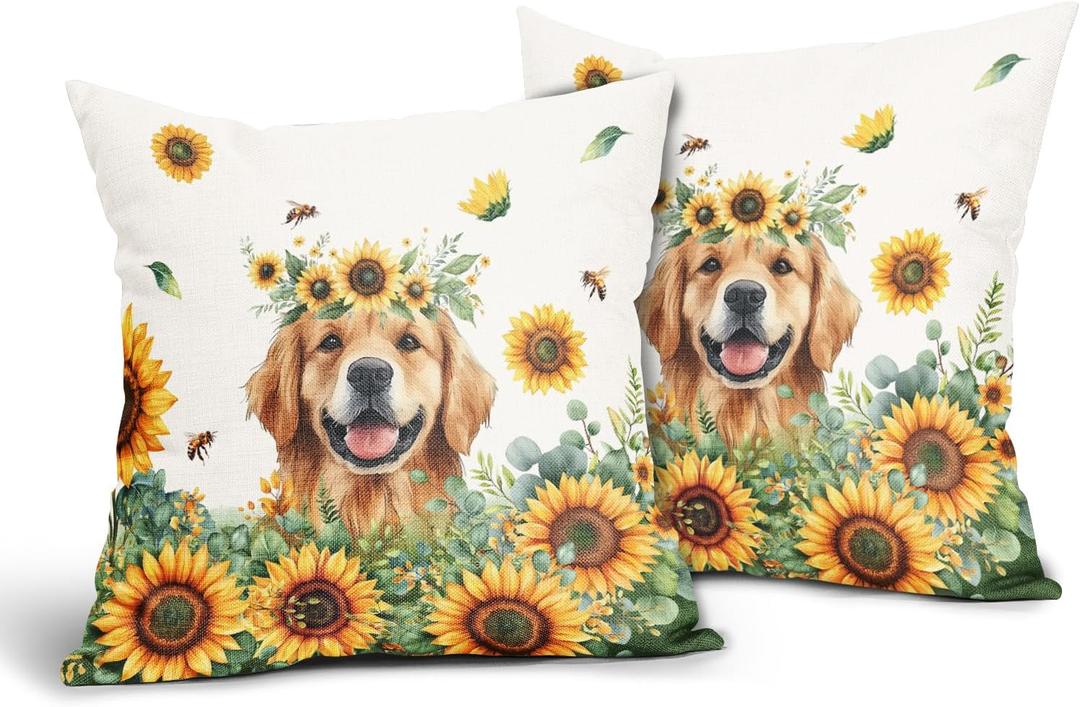 Sunshine Dog Pillow Covers 18x18in Set of 2 Yellow Sunflower Golden Retriever Puppy Throw Pillowcases Summer Bees Floral Cotton Linen Sofa Couch Patio Bedroom Cuchion Cover Decor