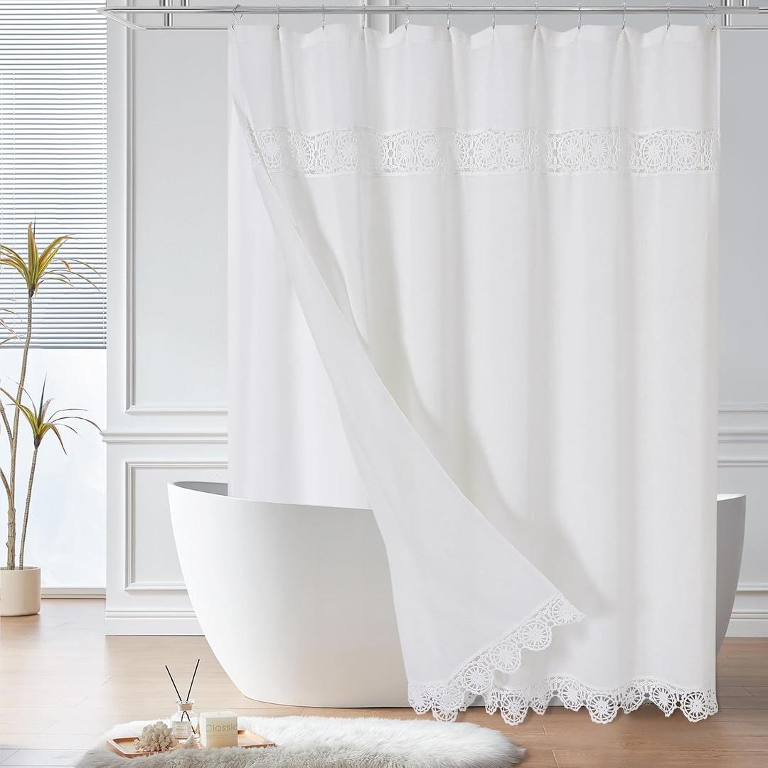 Gibelle Extra Long Boho Farmhouse Shower Curtain, Linen Cotton Fabric Shower Curtain with Macrame Lace Decor, Modern Bohemian French Country Chic Shower Curtain Set with PEVA Liner 72x84 - White