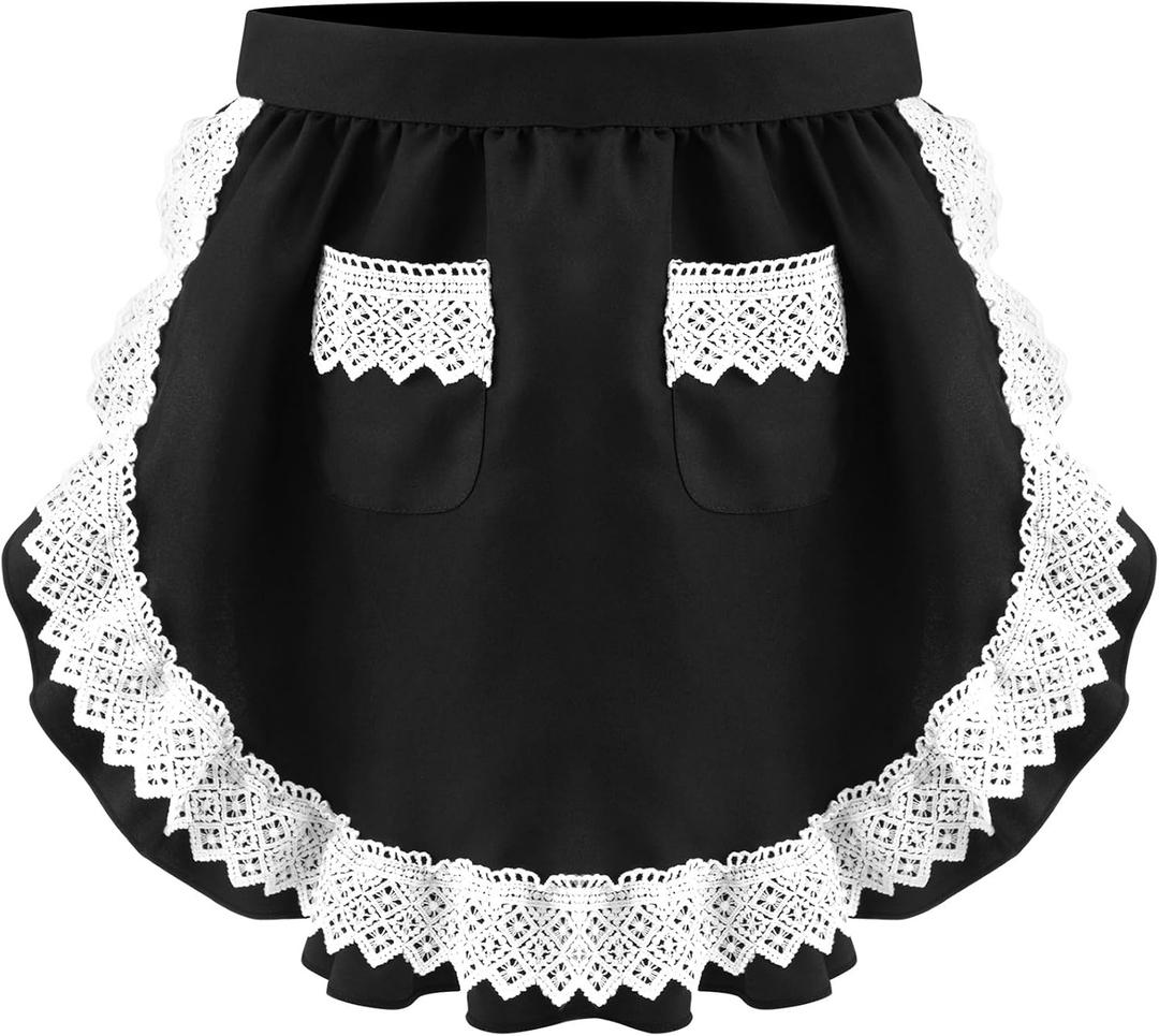 Geyoga Aprons for Women with Pockets Kitchen Cooking Waitress Maid Apron Vintage Skirt Cute Ruffle Dress Costume(Black,Lace Waist Style)