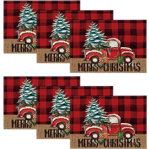 Artoid Mode Red and Black Buffalo Plaid Truck Merry Christmas Placemats Set of 6, 12x18 Inch Xmas Tree Winter Table Mats for Party Kitchen Dining Decoration