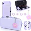 DLseego Switch Case Set Carrying Case with 10 Slots Cute Protective Dockable Hard Shell with 4PCS Glitter Cat Paw Thumb Grips Caps and 1PC Flower Blossom Chain For Switch 2017 (Purple)