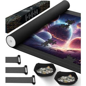 Puzzle Mat Roll Up for 1500 1000 Jigsaw Pieces Puzzles Board Large Portable Table Saver Pad Mats for Adults, 46" x 26" Smooth Top Rubber Bottom, 2 Sorting Trays, Foam Tube, 3 Straps, Storage Bag