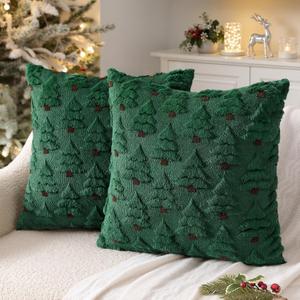 MIULEE Christmas Tree Decorative Pillow Covers Faux Fur Wool Throw Pillows Soft Plush Cushion Covers Set of 2 Xmas Home Decor Winter Holiday for Sofa Couch Livingroom Bed 18x18 Inch Dark Green