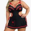 WDIRARA Women's Plus Size 3 Piece Babydoll Lingerie Set Nurse Roleplay Costume Side Tie Lace Cutout Nightdress