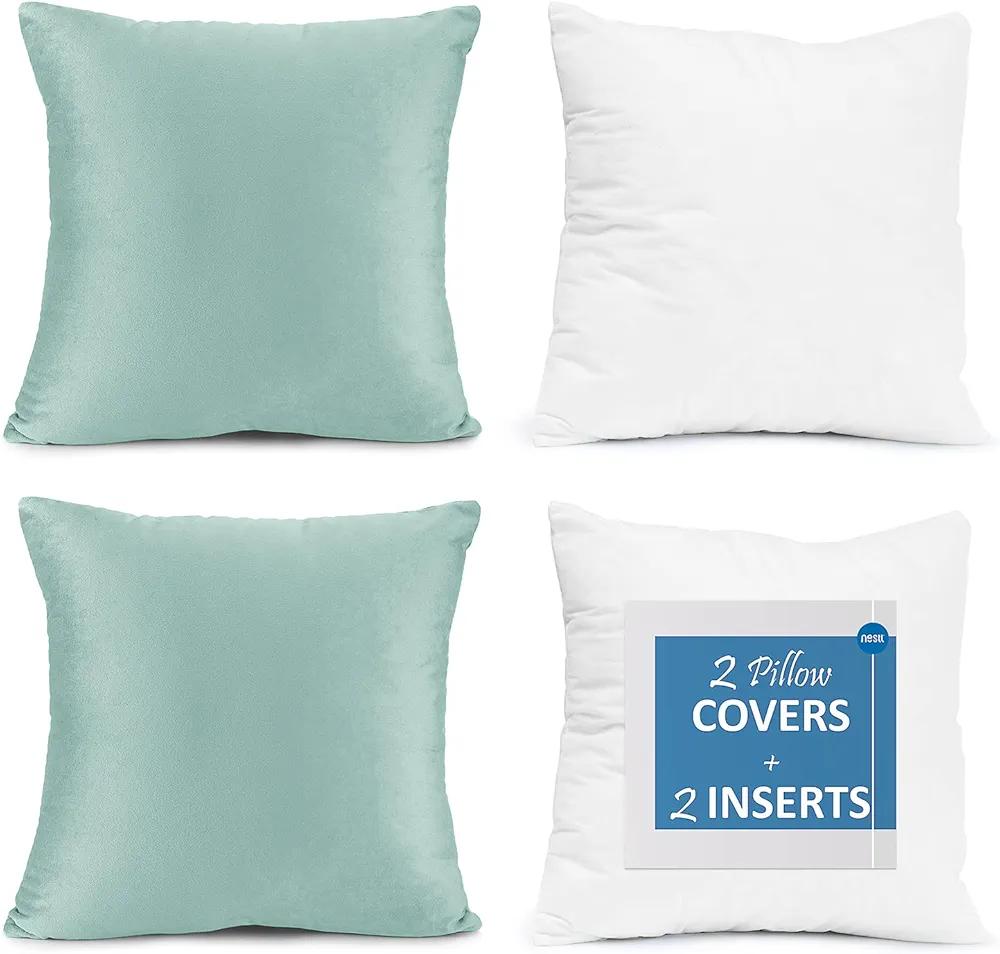 Throw Pillow Inserts Pack of 2 with Velvet Soft Solid Decorative Square Throw Pillow Covers Set for Sofa Couch Car Bedroom, 22X22 Throw Pillows Inserts with 20x20 Washable Cushion Covers, Light Blue