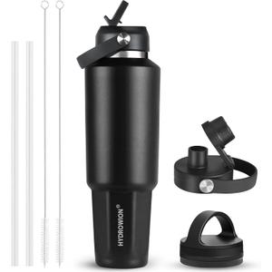 HYDROWION 40 oz Insulated Water Bottle, Car Water Bottle Holder - Double Wall Vacuum Insulated Travel Bottle with Straw Lid, Spout Lid and Flex Cap - Cold for 24H, Hot for 12H, Black