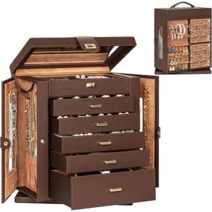 AKOZLIN 360° Rotating Jewelry Box 6-Tier Organizer Functional Jewelry Storage Case for Women Girls Ring Necklace Earring Bracelet Holder with Mirror Brown