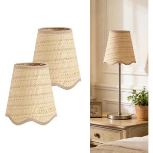 2 Pcs Small Scalloped Lampshade, 4" Top X 6.3" Bottom X 6.7" High X 6.5" Slant Clip-On Chandelier Lamps Shade, Boho Wicker Lampshade for Chandelier or Accent Lamp, Brown