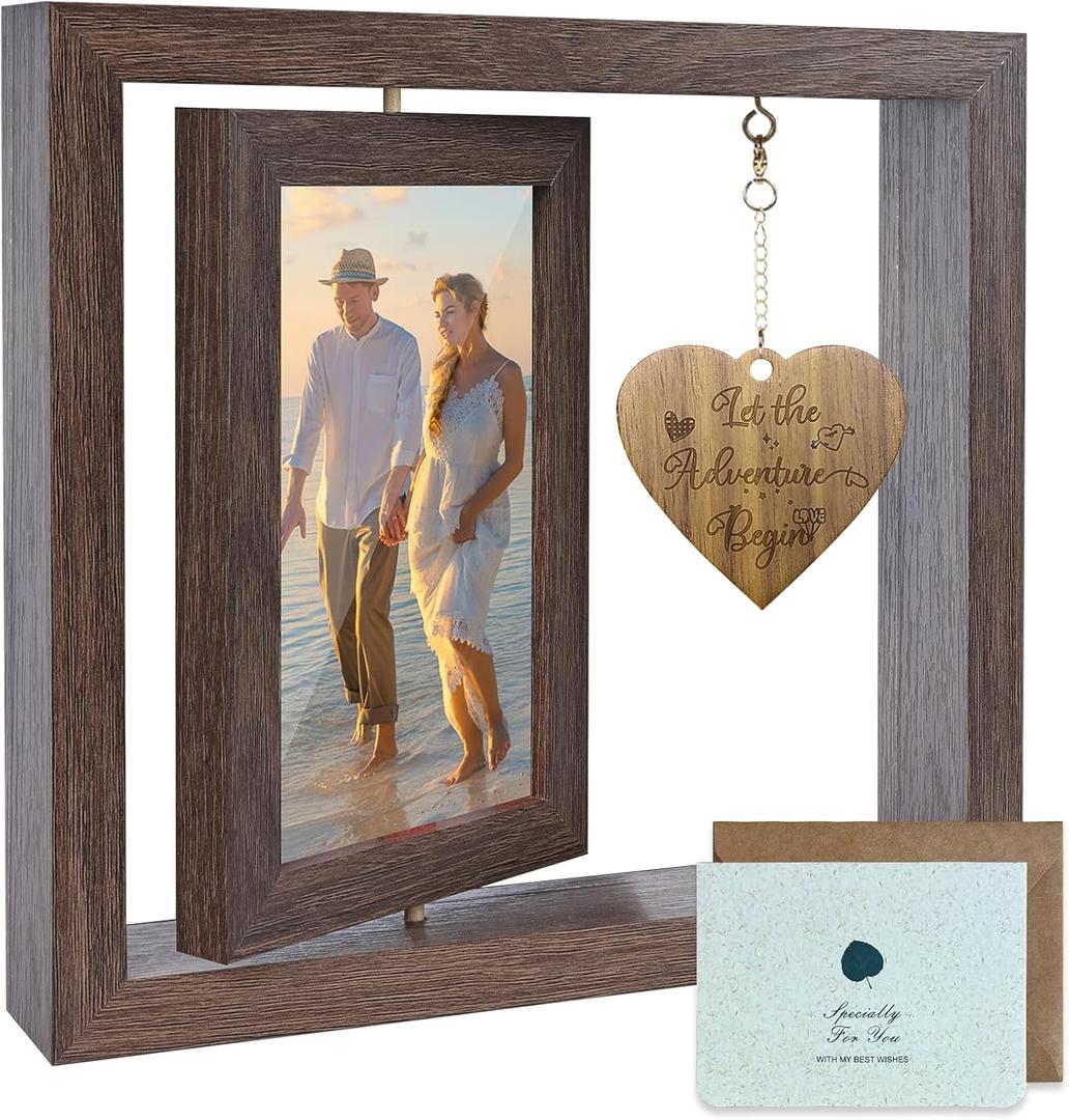 ISHINE Happy Anniversary Picture Frame Gifts for Women, Rustic Wood Floating Anniversary Wedding Gift for Her Him Boyfriend Girlfriend Wife Husband Couple
