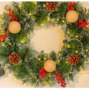 24 Inch Prelit Artificial Christmas Wreath with Lights, Lighted Xmas Wreaths for Front Door with 60 LED Battery Operated 8 Modes Remote Control Timer, Indoor Outdoor Wall Christmas Decorations 24 Inch Prelit Artificial Christmas Wreath with Lights, Lighted Xmas Wreaths for Front Door with 60 LED Battery Operated 8 Modes Remote Control Timer, Indoor Outdoor Wall Christmas Decorations