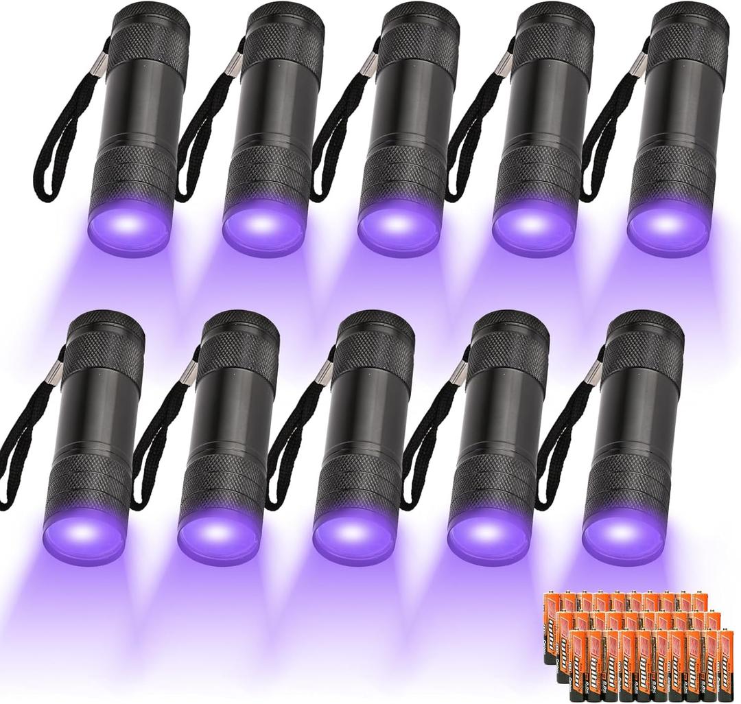 10 Pcs UV Black Light Flashlights Bulk, 9 Led 395-400nm Mini Blacklight Handheld Portable Torch Pet Urine Detector for Bed Bug, Hair, Dog Cat Urine and Stains Batteries Included