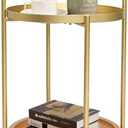 2 Tier Round Side Table, 16" Small Metal End Table with Removable Wooden Tray, Round Accent Sofa Coffee Side Table for Living Room, Bedroom, Balcony (Gold)