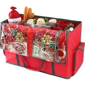 Sattiyrch Large 2-in-1 Christmas Ornament Storage Box & Xmas Figurine Container - Easy Access Removable Trays, Keeps 73 Holiday Ornaments - Adjustable Extent Area for Figurines and Pockets