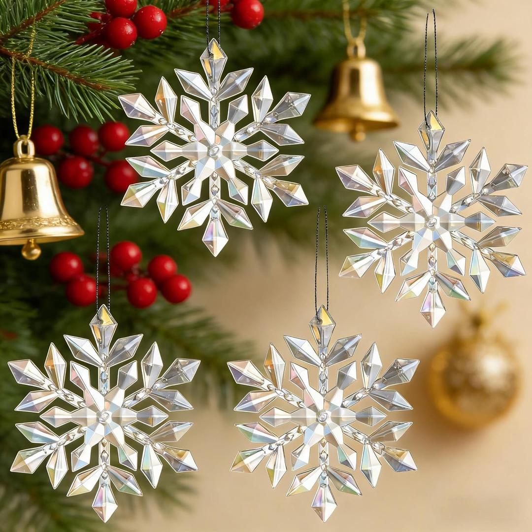 4pcs Hanging Snowfake Decorations Acrylic Snowflakes Ornaments Window Snowflake Plastic Hanging Ornament Christmas Tree Indoor Outdoor Holiday Decor