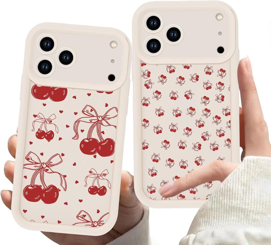 Zrutru 2 Pack Cherry Phone Case for iPhone 17 Pro Max 6.9",Cute Aesthetic Cases Kawaii Bow Design Pattern Cover for Girls Women,Soft Anti-Scratch Shockproof Protection Funda for iPhone 17 Pro Max 6.9"