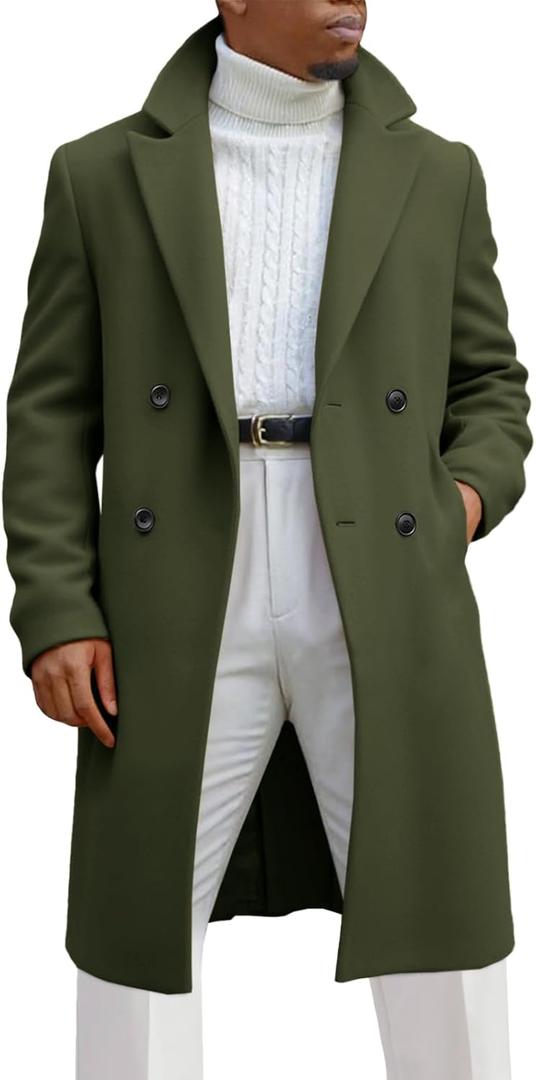 Runcati Mens Trench Coat Notched Lapel Double Breasted Mid Long Pea Coat Casual Fall Winter Classic Overcoat (X-Large, Army Green)