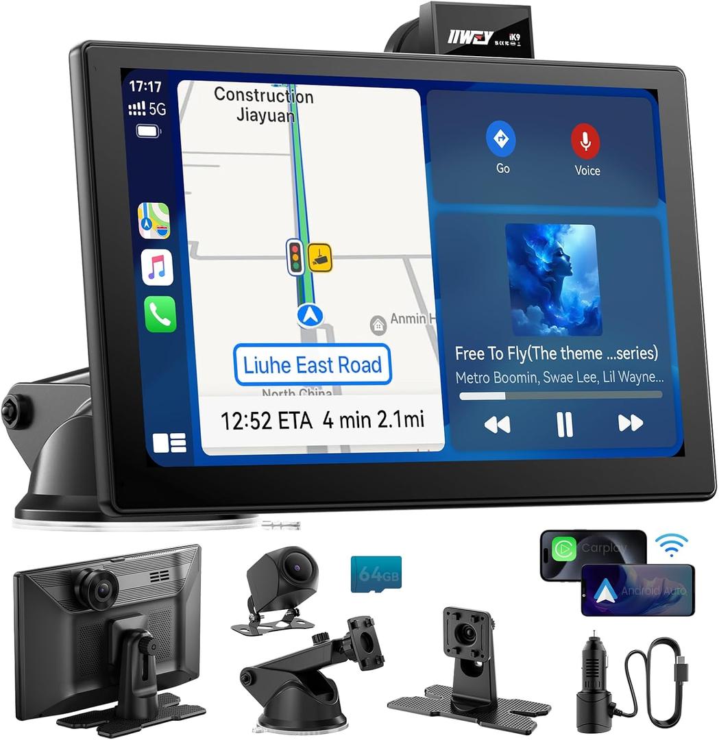 IK9 9" Wireless CarPlay & Android Auto Screen, Portable Car Stereo with 4K Dash Cam & 1080p Rear Camera, CarPlay with Backup Camera, Touch Screen GPS Display, Mirror Link, Apple CarPlay Screen