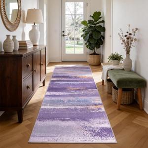 Washable Runner Rug for Hallway Kitchen: 2x6 Modern Abstract Throw Rugs with Rubber Backing for Entryway, Soft Long Non-Slip Area Rug for Bedroom Home Decor Aesthetic, Purple
