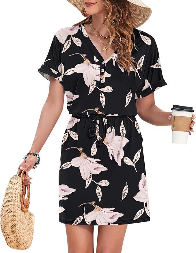 AUSELILY Womens Summer Dress 2025 Casual Short Sleeve Sundress V Neck Tie Button Beach Swing Dresses with Pockets, Morning Glory 2XL