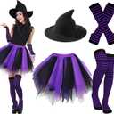 Ibeauti Halloween Witch Costumes for Women Gothic Cosplay Witch Hat Tutu Skirt Striped Knee High Socks Arm Warmers Set (Black Purple)