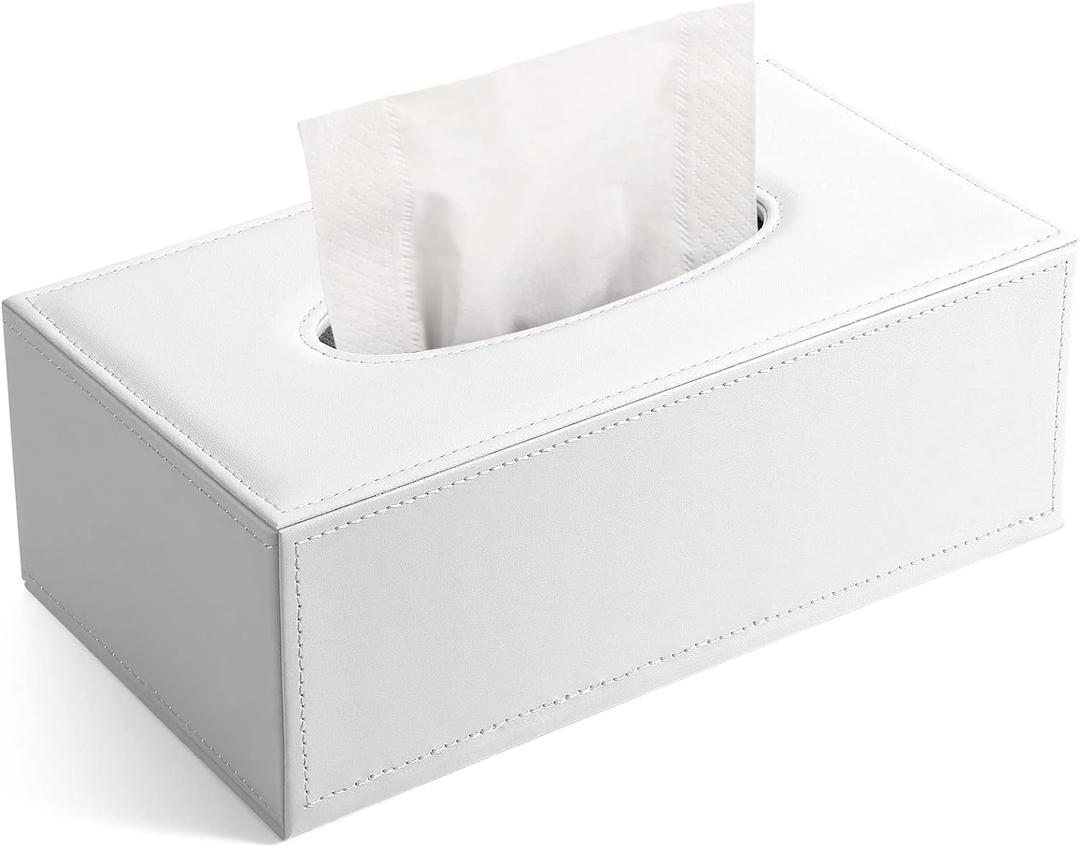 KINGFOM Rectangular PU Leather Tissue Box Cover - Facial Tissue Paper Napkin Holder for Bathroom, Home, Office, Car Automotive Decoration with Magnetic Bottom(White)
