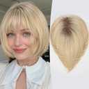 HAIRCUBE 10-Inch Human Hair Topper for Women 6.5x6.5 Inch Silk Base, Ombre Light Blonde Side - parted Short Bob with Bangs Thinning Hair Solution, Covers Gray Roots, Natural & Breathable