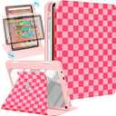 Kidcube for Kindle Fire HD 10/10 Plus Tablet Case - 13th/11th Generation (2023/2021) 10.1" Women Girls Cute Girly Kawaii Design Rotating Stand Pencil Holder Folio Cases for Amazon Fire HD 10/10 Plus (4-Pink Plaid)