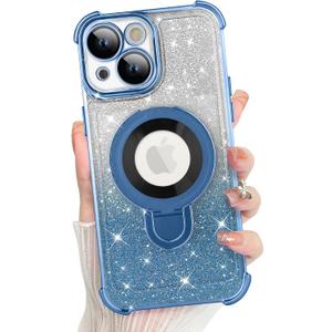 KANGHAR for iPhone 15 Case, Support for MagSafe [Four Corner Cushion Series] Kickstand Electroplate Edge Shockproof Durable Full Body Protection for Girls Women -Blue