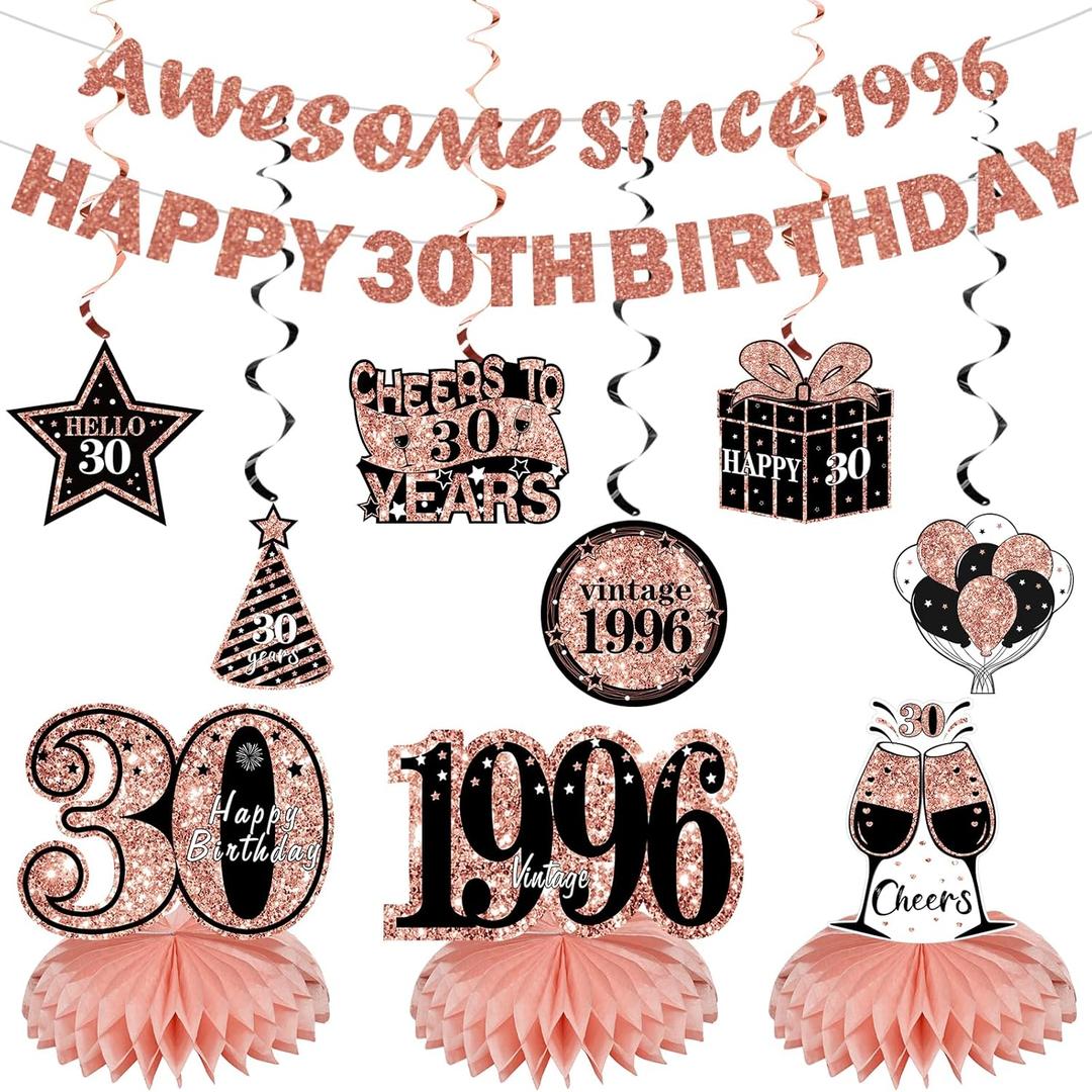 Kuxriox 11Pcs 30th Birthday Decorations Kit for Women, Rose Gold Happy 30th Birthday Banner, Awesome Since 1996 Centerpieces Swirls Party Supplies, Thirty Bday Banner Ceiling Table Topper Sign