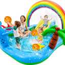 Inflatable Play Center Pool with Water Slide, 90.6 X 77.6in Rainbow Sprinkler Arch & Seal Design Kiddie Pool for Kid's Summer Backyard Splash Toy with Slide, Sprinkler & Play Area