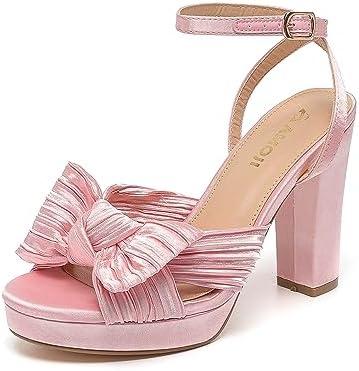 LISHAN Women's Platform Block Chunky High Heels Ankle Buckle Round Toe Heeled Sandals, Size 8