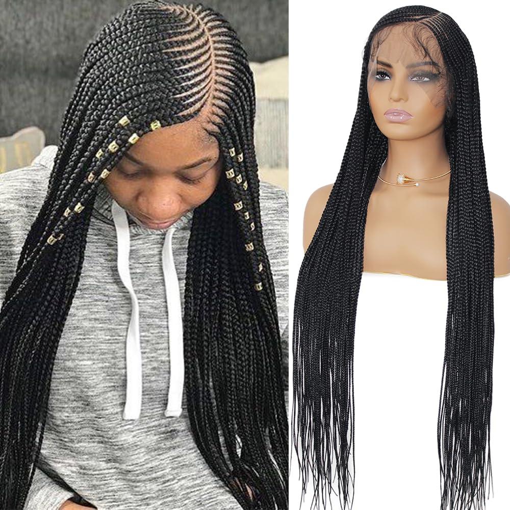 DOSAY 36" Braided Wigs for Black Women Full Lace Front Box Braids Wig with Baby Hair Knotless Cornrow Box Braids Wig Natural Deep Side Part Goddess Synthetic Braided Wig for Daily Use
