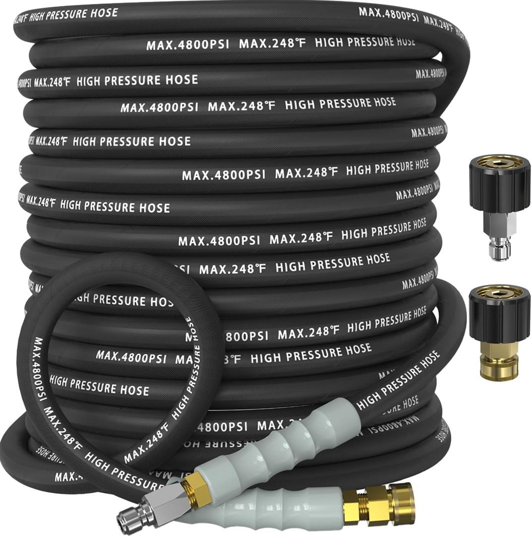3/8" Pressure Washer Hose 50FT 4800 PSI, Kink Resistant Steel Braided Layer & NonMarking Rubber for Hot/Cold Water, High Power Washer Hose With 3/8 Inch Quick Connect & M22 Fitting, Black