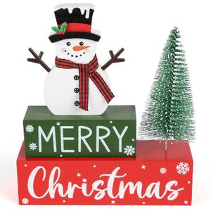 Merry Christmas Decorations Indoor Wooden Snowman Christmas Tabletop for Home Xmas Tree Centerpieces for Tables Wood Table Sign Decor Tiered Tray Office Desk Shelf Mantel Room Winter Holiday Party