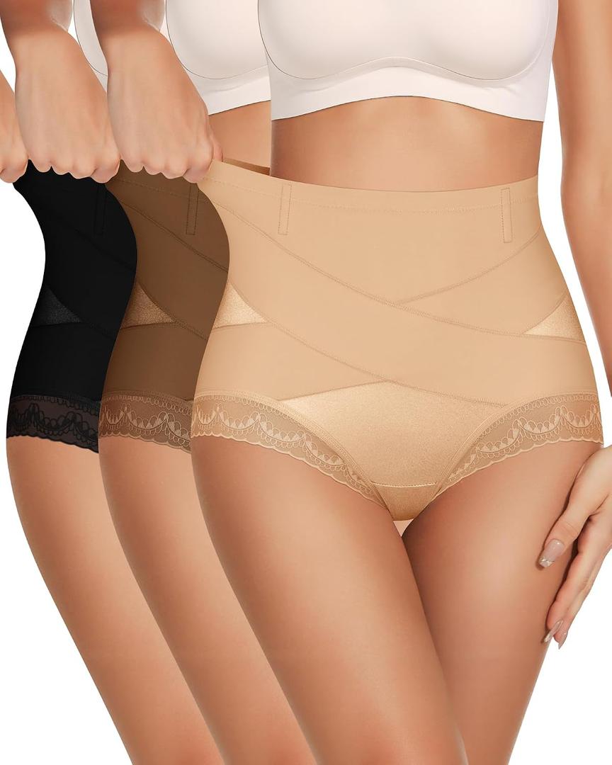 MEIYATING Women's Tummy Control High Waisted Underwear, Post Partum Compression, Full Coverage Lace Panties Briefs 3 Pack (XXL)