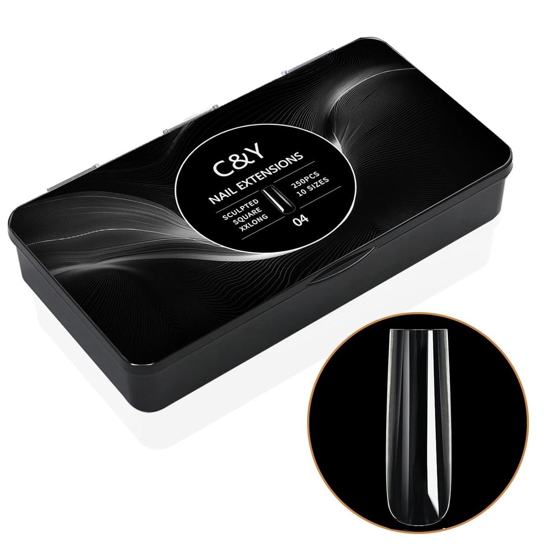 250pcs Sculpted XXLong Square Soft Gel Nail Tips, Professional False Nail Tips with Box - 10 Sizes Full Cover Clear Acrylic Press On Fake Nails for Extension Manicure Salon DIY at Home