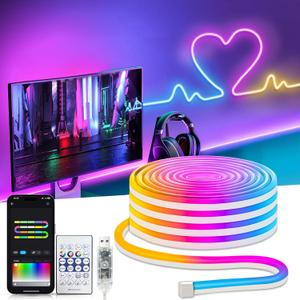 Smart Neon Rope Lights USB, 16.4Ft LED Rope Lights IC & RGB Color Changing with APP Control, Music Sync Neon Strip Lights Outdoor Waterproof DIY for Gaming Room Living Indoor Decor (5M)