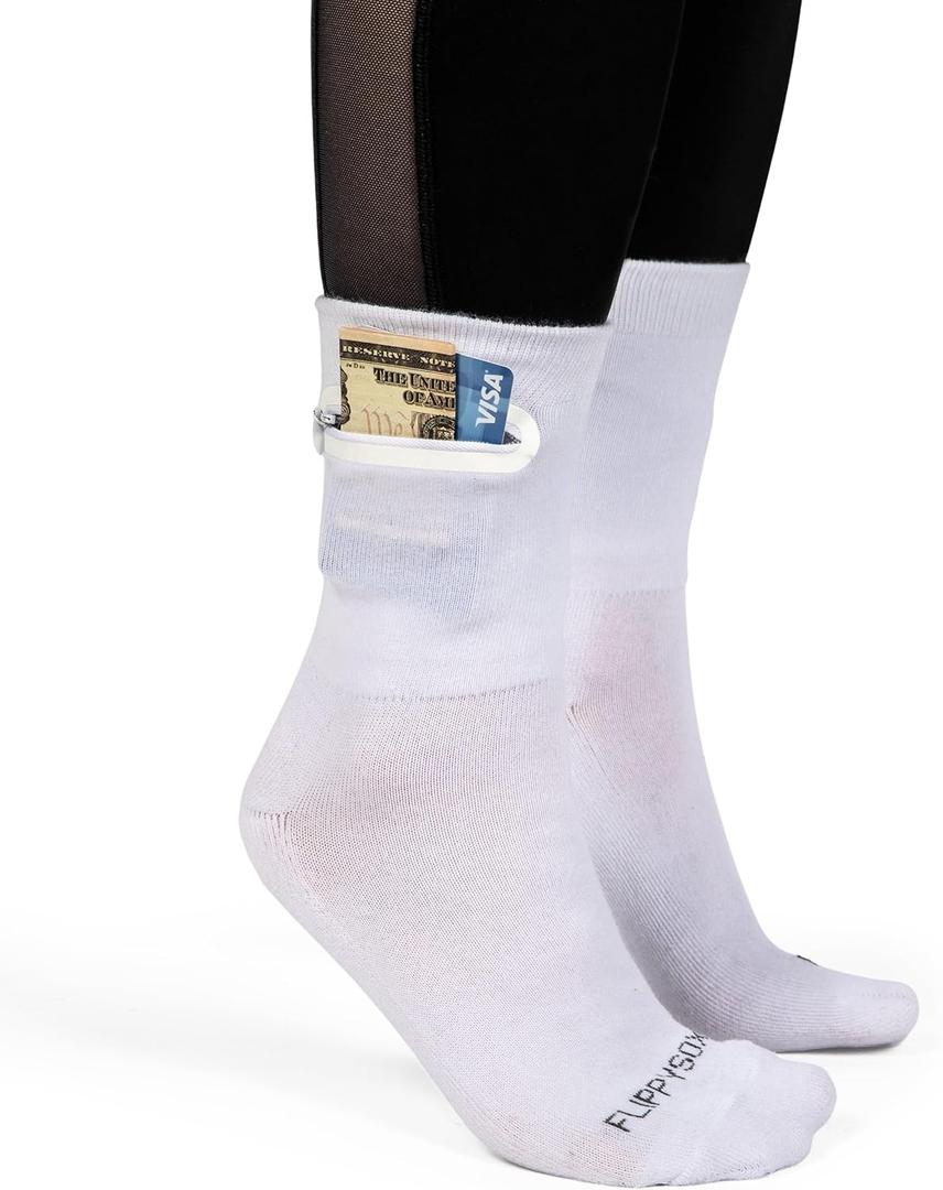 Zipper Sock Wallet - Cotton & Polyester Zipper Socks with Pockets - Fits shoe size 6-13 (White/White)