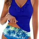 Womens Elegant Tankini Set Modest Tummy Control Ruffle Tank Top High Waisted Bottom (Blue, L)