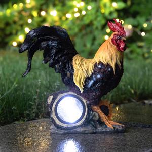 Glitzhome Solar Powered Vibrant Rooster Garden Statue Resin Outdoor Decoration, 13.75" H