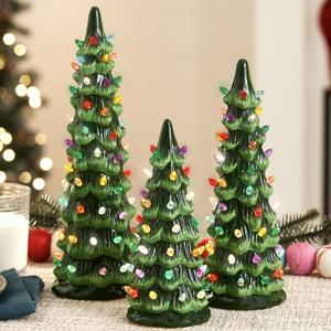 Best Choice Products Set of 3 XL Ceramic Christmas Trees, Pre-Lit Hand-Painted Tabletop Holiday Dcor w/Multicolor Bulbs, LED Lights  Green (Extra Large)