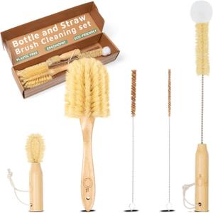 Bottle Brush Set - Ergonomic & Plastic Free Bamboo Bottle Brush, All in One Bottle And Straw Brush Cleaning Set, Sturdy Eco Friendly Water Bottle Cleaner Brush Set, Great Baby Bottle Cleaner Brush Set