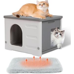 Rockever Plastic Cat House Outdoor with Escape Door, Waterproof Feral Cat House Outdoor Indoor, Sturdy Cat House for Outdoor Cats with Cat Bed Mat, Assemble Easily-Grey