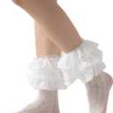 OYOANGLE Women's One Pair Floral Lace Crew Socks Layered Ruffle Elastic Above Ankle Socks (White)