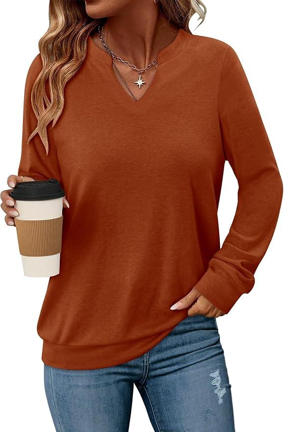 Angerella Womens Long Sleeve Shirts Casual V Neck Sweatshirts Loose Fit Lightweight Pullover Tops L