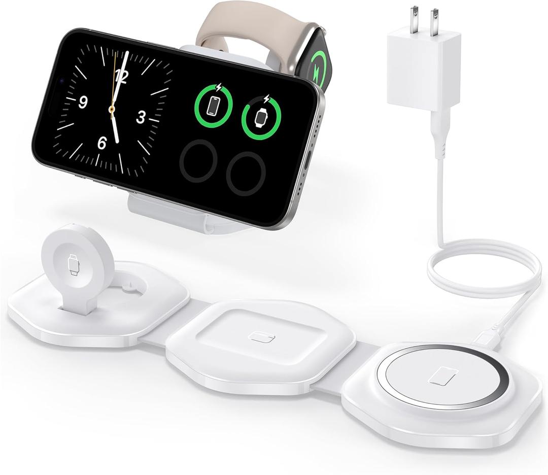 3 in 1 Wireless Charging Station for Apple Multiple Devices, Foldable Magnetic Fast Travel Charger, Compatible with MagSafe iPhone 16 15 14 13 12 Apple Watch & AirPod, Gift for Women (White)