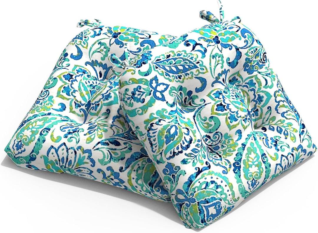 Patio Wicker Chair Cushions, All Weather Outdoor Tufted Chair Pads Pack of 2, 19 x 19 x 4 Inch U-Shaped Seat Cushions of Garden Furniture Decoration, Paisley Cyan