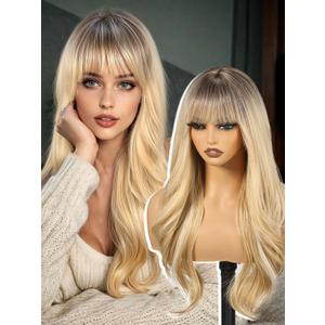 Ombre Blonde Wigs with Bangs,Blonde Layered Wig for Women,Long Wavy Wigs Synthetic Hair Wig for Party Daily Use 26IN
