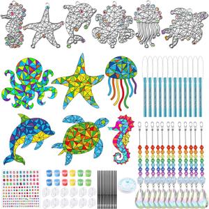 GlikCeil 12 Sets Suncatcher Craft Kits Spring Wind Chime Decorations Summer Fun Gem Painting Sun Catchers Coloring Suncatcher Art and Crafts for Birthday Home Office DIY Project Gift Favor(Sea)